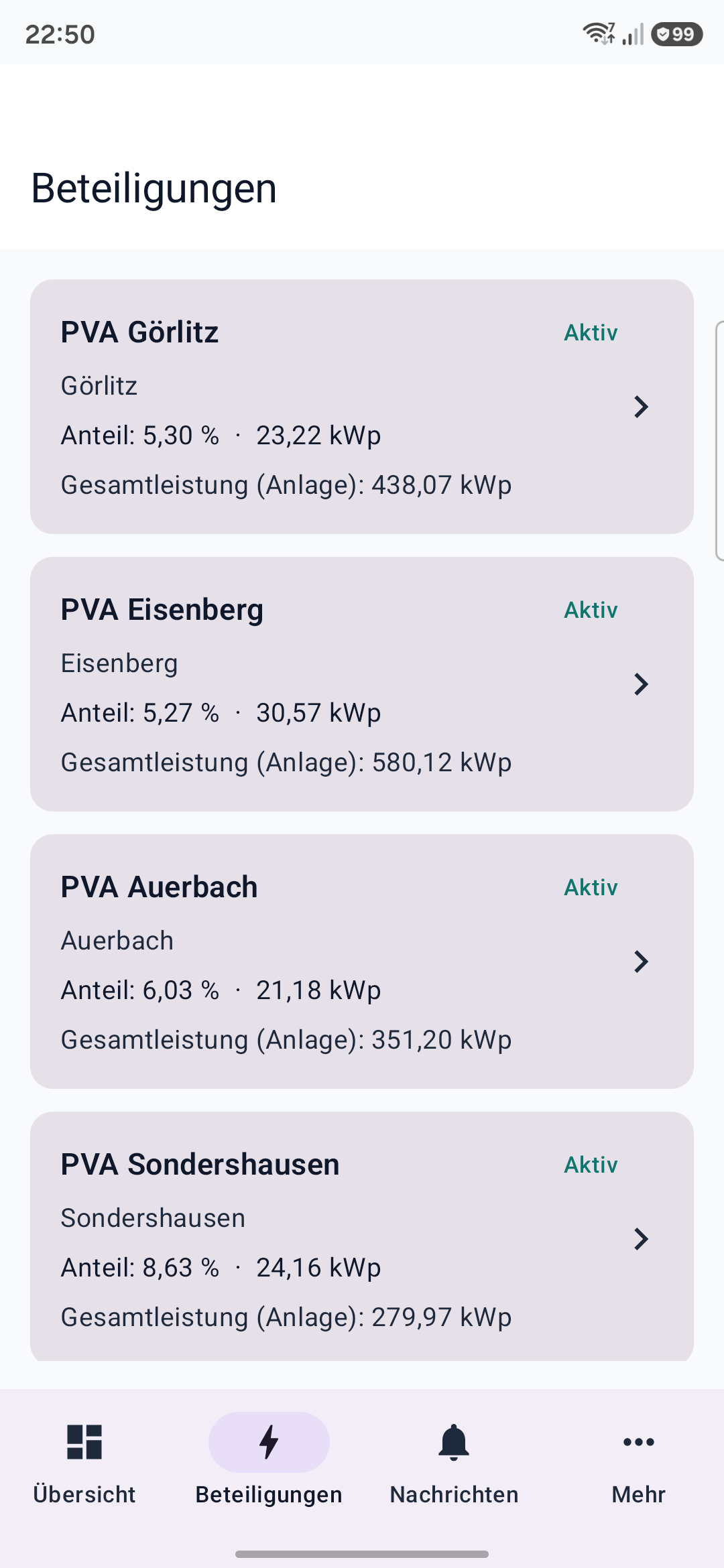 VoltMaster App – Liste der Beteiligungen