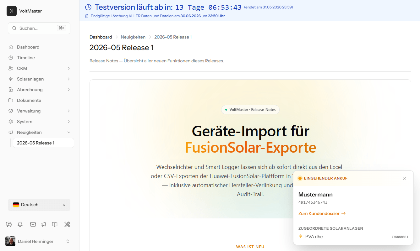 Eingehender Anruf — Popup mit Kunde und Anlagenzuordnung
