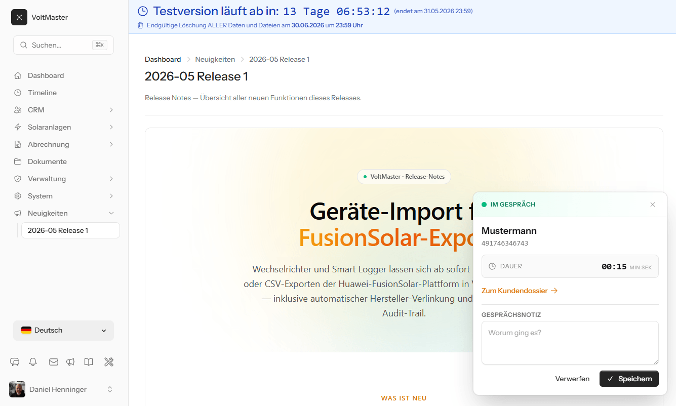 Im Gespräch — Stoppuhr und Notizfeld direkt im Popup